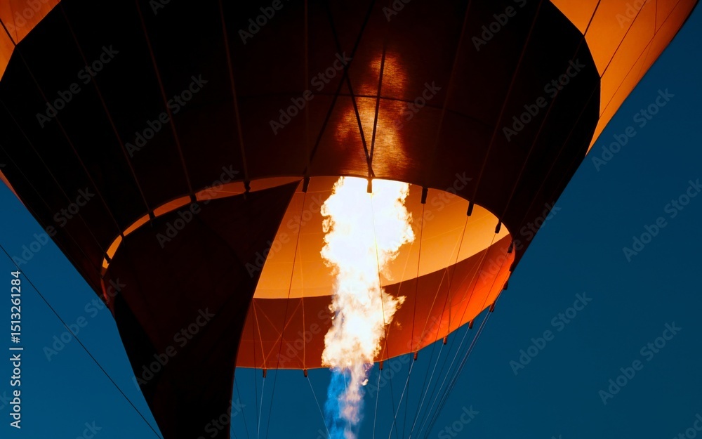 Obraz premium Massive gas burner inflating a hot air balloon creates an incredible scene against the backdrop of a twilight sky in Cappadocia, Turkey. Lighting the flame of a large balloon in the dark. Turkish trip