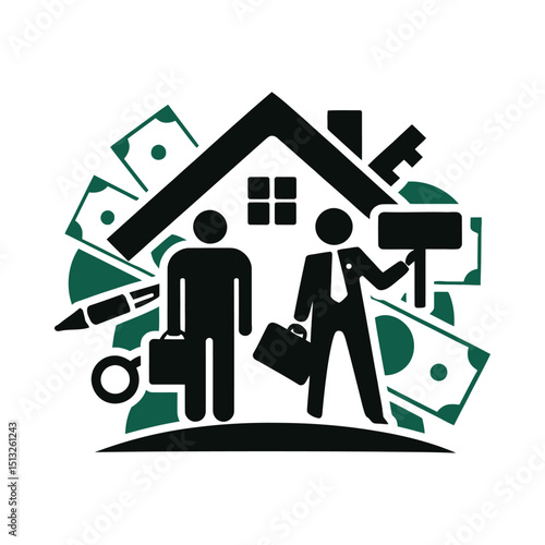 Real estate transaction illustration depicting home buyers and realtors with finances