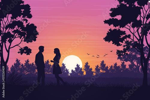 Romantic Silhouette of a Couple at Sunset. Twilight Romance with Flying Birds, Trees and Glowing Setting Sun on the Horizon. Love and Nature Background Illustration.