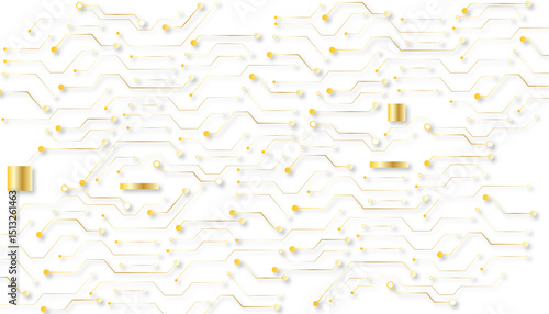A golden background with golden circuit board lines, golden dots and yellow chips 
