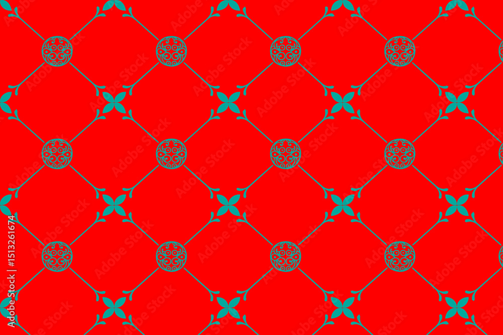 Vibrant Red and Teal Oriental Inspired Medallion Grid Pattern Vibrant Red and Teal Oriental Inspired Medallion Grid Pattern