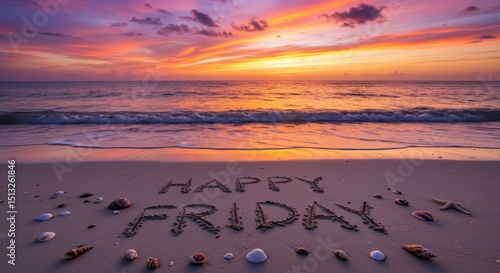Serene Beach “Happy Friday” Written in Sand at Sunset
