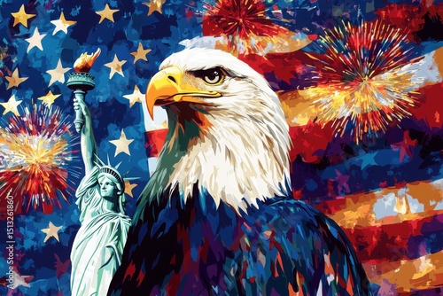 Colorful eagle with fireworks and American flag