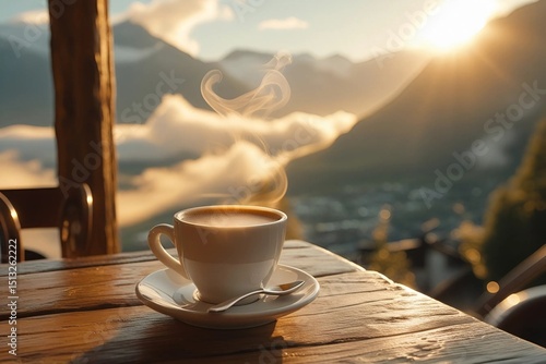 a coffee on a café table, dreamy golden sunrise in the Swiss Alps, with low clouds rolling through the valley