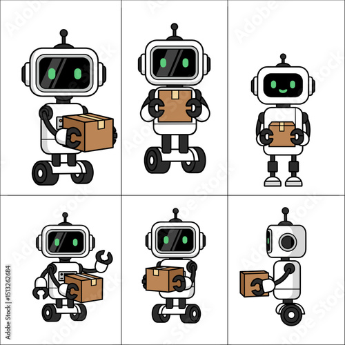 Set of Cute White Robots Delivering Packages Pixel Art Illustration