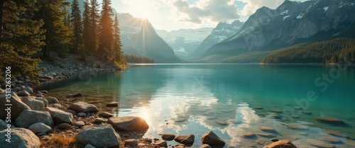Fototapeta Naklejka Na Ścianę i Meble -  Calm turquoise lake reflects towering mountain peaks and forests in scenic nature landscape