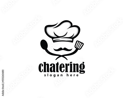 creative chef, resto logo, chef with abstract hat with moustache accompanied by spatula and spoon crossed to form a tie, logo design inspiration