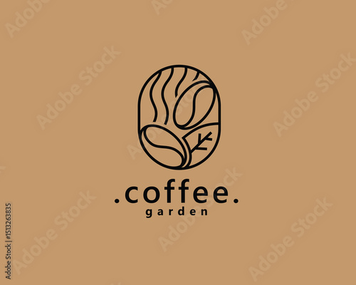 garden coffee logo, coffee beans lined up with leaves equipped with smoke silhouette with line concept logo design inspiration