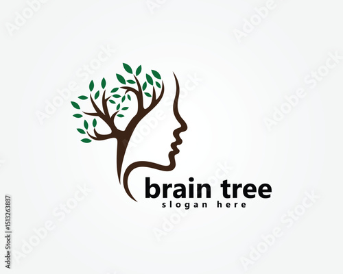 creative brain treee logo , tree shaped brain with striped face, logo design template
