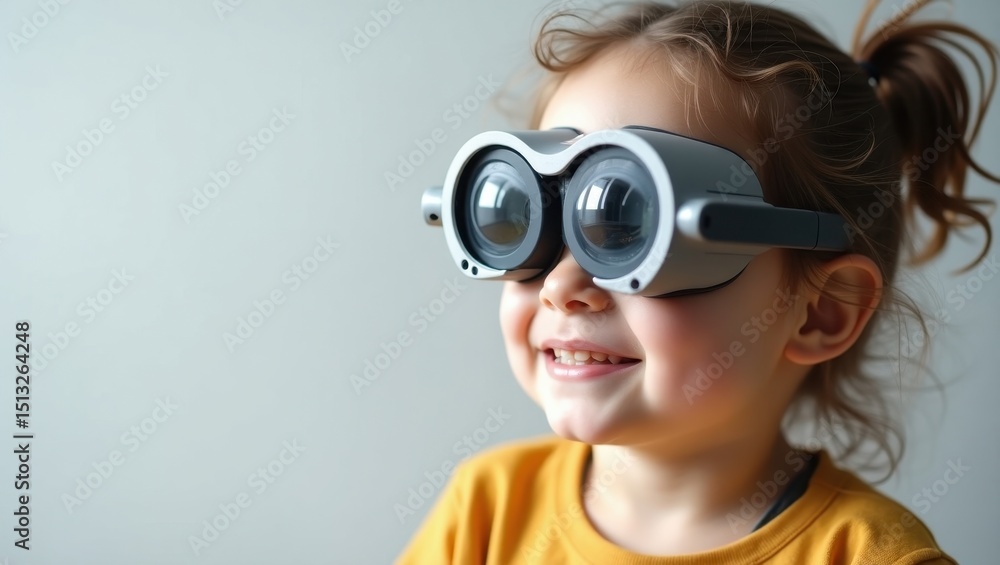 Curious child exploring with unique goggles in a bright indoor environment