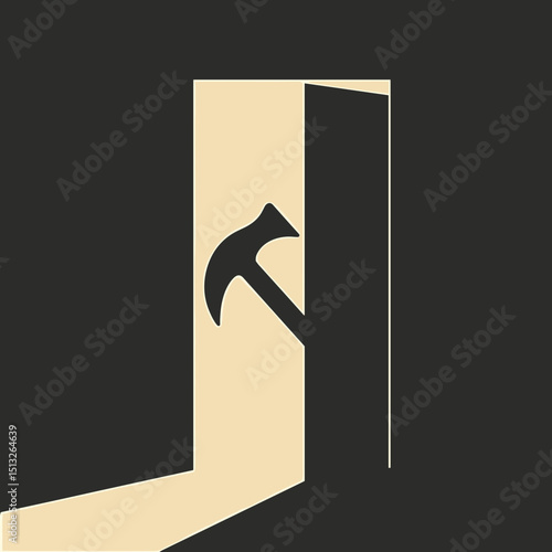 Axe propped against open door in dark minimalist setting  