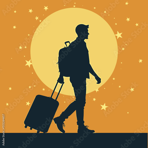 Silhouette of traveler walking with suitcase against starry night  