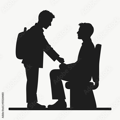 Boy giving handshake to seated man in silhouette illustration  