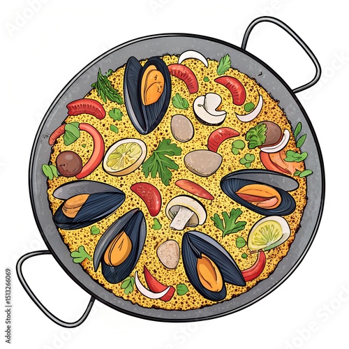 Delicious Seafood Paella with Mussels, Mushrooms, and Vegetables .silhouette Continuous line drawing vector art illustration