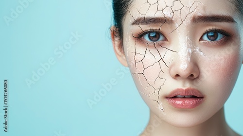 Close-up of dry, cracked skin on the face, Light blue background