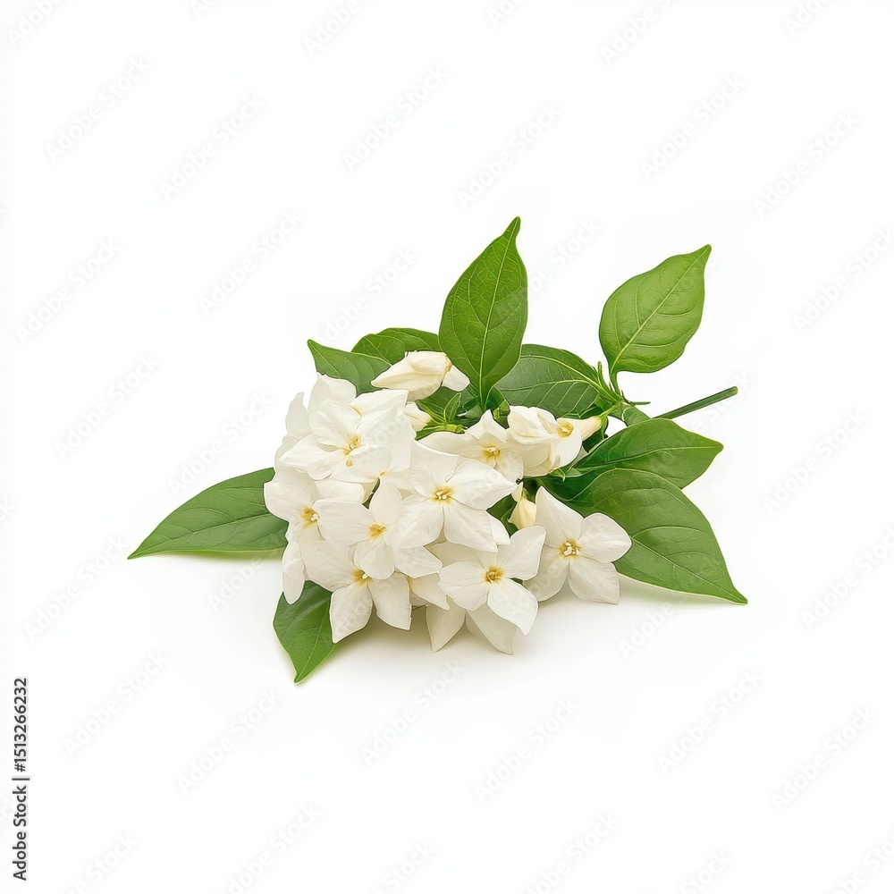 Obraz premium A cluster of small, star-shaped white flowers with vibrant green leaves, isolated on a white background
