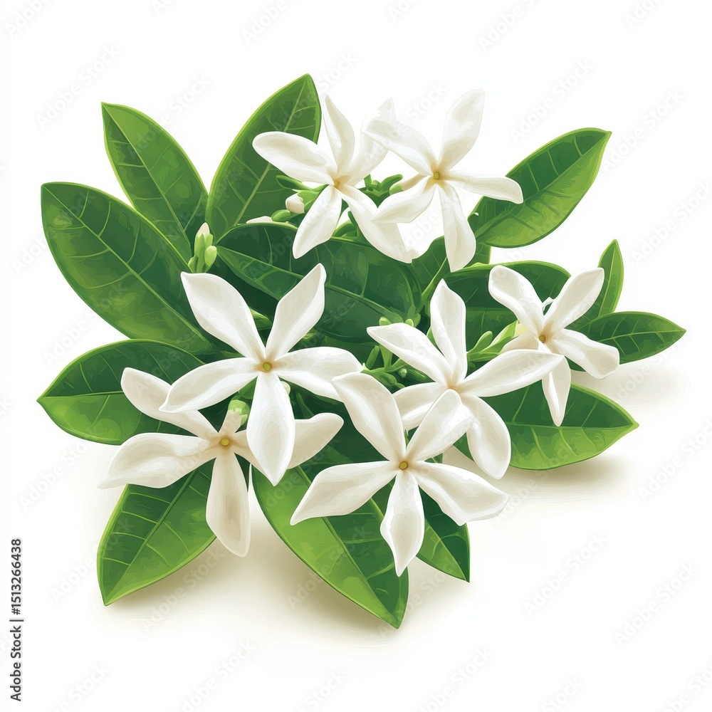A digital rendering of a cluster of pristine white flowers with vibrant green leaves, isolated on a white background A digital rendering of a cluster of pristine white flowers with vibrant green leaves, isolated on a white background