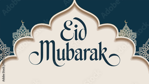 Eid Mubarak Calligraphy with Ornamental Arch and Intricate Islamic Pattern on Dark Blue Background – High-Quality Digital Art
