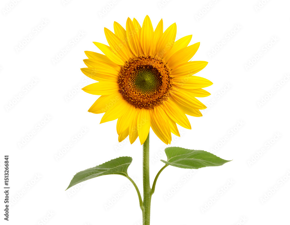 Fototapeta premium Sunflower with green leaves isolated on transparent background