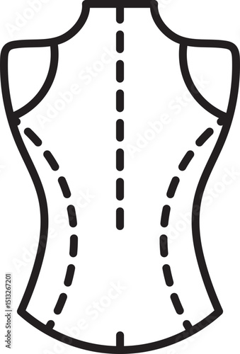 Black and white illustration of dress pattern outline, showing fitted bodice with curved seams and central line. design is simple and clean, ideal for fashion design or sewing projects