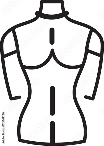 Simple black outline of dress form mannequin, showcasing torso with defined bust and waist, used for fashion design and tailoring