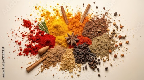 Fototapeta Naklejka Na Ścianę i Meble -  Colorful mix of spices and herbs arranged on neutral background