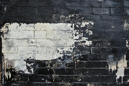 Aged black brick wall with worn white paint, showcasing urban decay and vintage charm. Ideal for grunge textures, background layers, architectural details, or artistic design projects.
