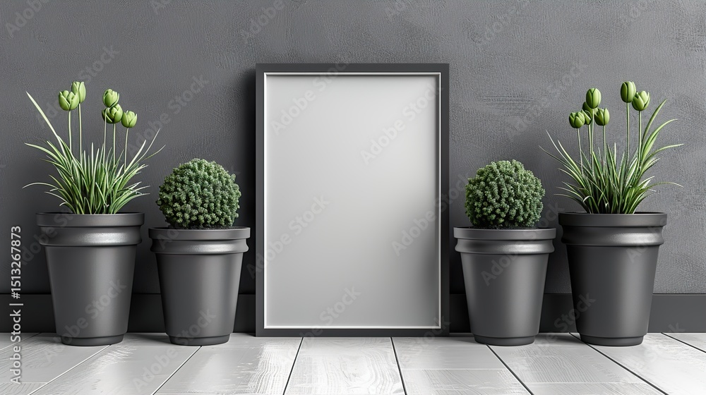 Fototapeta premium Modern Living Room with Blank Portrait Frame and Potted Plants Mockup Interior Design