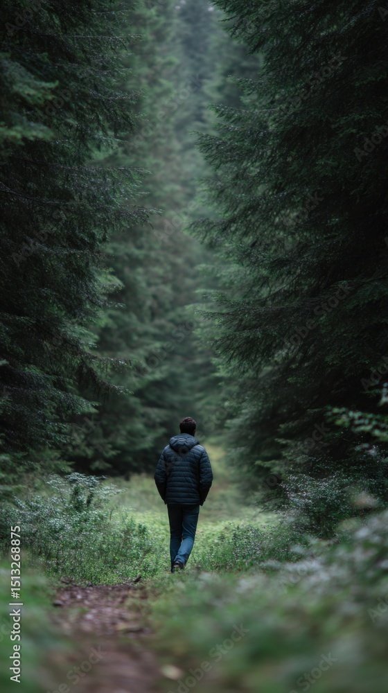 Obraz premium Man walking slowly in quiet green forest reconnecting with nature self