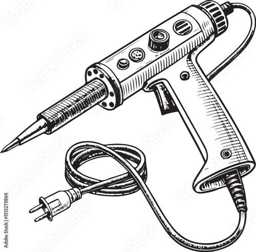 Soldering iron Tool, Vector Illustration, Sketch Drawing Line Linear Symbol Icon Engraving Coloring Book, Hand-drawn Black and White Isolated