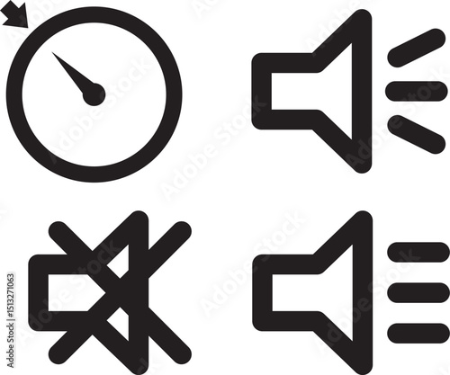 set of black icons: clock with hand, speaker with sound, muted speaker, and speaker with multiple waves