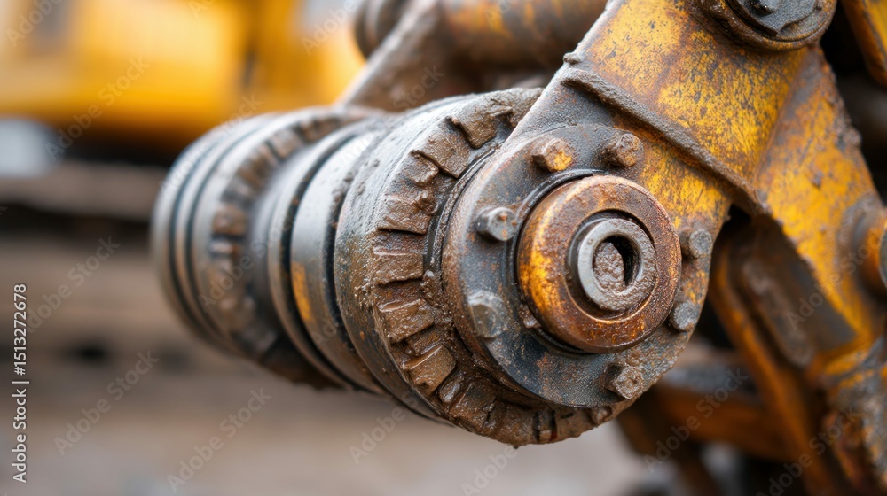 Close-up shot of a rusty, weathered construction machine joint, showing the intricate details and textures of the aged metal parts. Close-up shot of a rusty, weathered construction machine joint, showing the intricate details and textures of the aged metal parts.