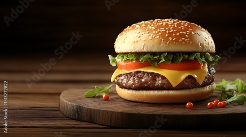 Wallpaper Mural Delightful sesame seed burger on a wood surface, a savory indulgence Torontodigital.ca