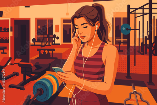 A young woman in a gym setting. She is wearing a striped workout top and listening to music through wired earphones while looking at her smartphone. The background features various gym equipment