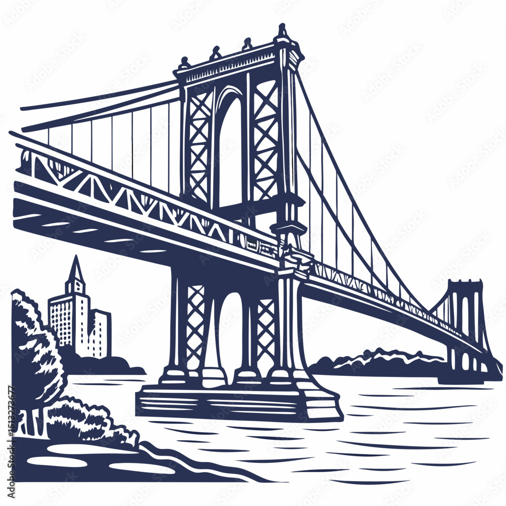 Fototapeta premium Flat icon of a large suspension bridge across a river, depicted in blue and gray with minimal details