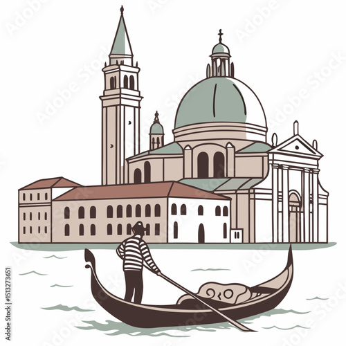 Flat icon of a Venetian gondola on water with a gondolier rowing, symbolizing traditional Italian attraction
