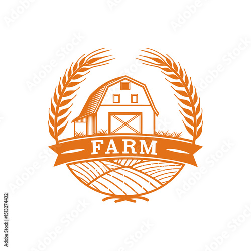 Farm Logo with Barn, Wheat, and Ribbon