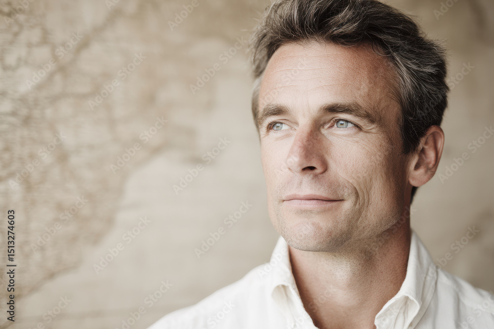 Fototapeta premium portrait of passionate researcher on right side of frame with blurred vintage map in background