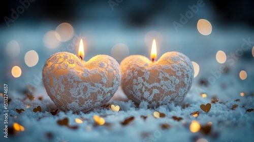 Two burning heart-shaped candles adorned with lace, nestled on snow with gold confetti, creating a romantic ambiance.