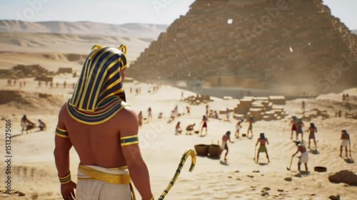 Pharaoh overseeing pyramid construction with workers in desert landscape  
