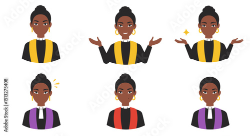 Six Illustrations of a Woman in Clerical Collars with Different Expressions