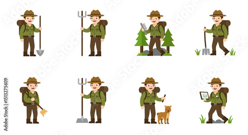 Cartoon Park Ranger with Tools Dog and Tablet Illustrations