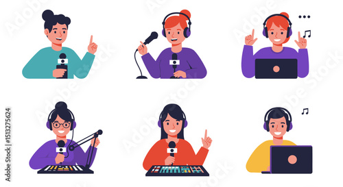 Cartoon People with Microphones Headphones and Laptops in Various Poses