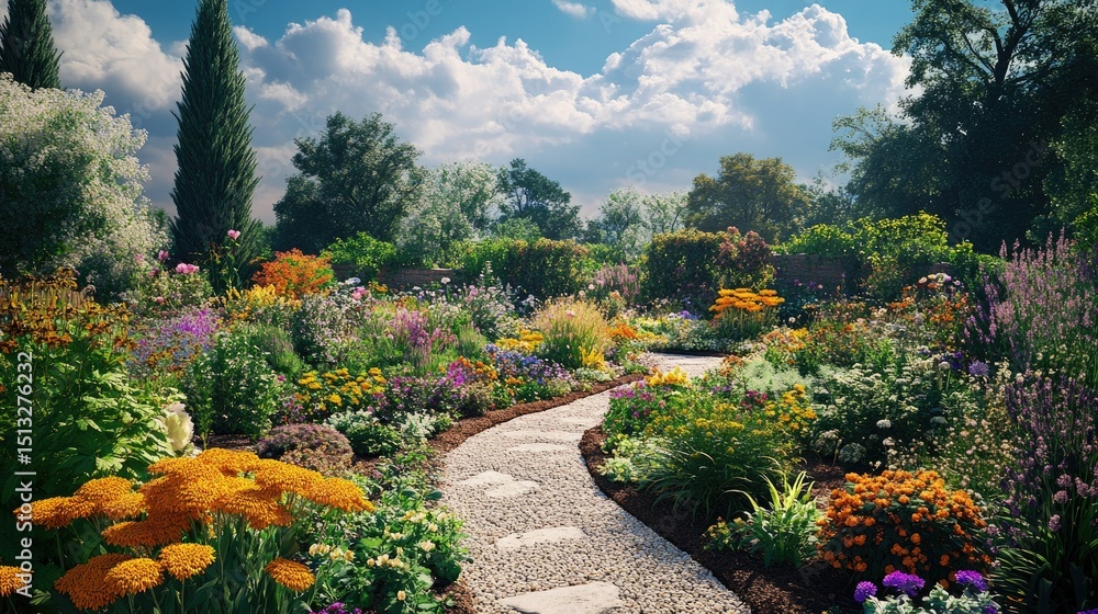 Obraz premium Serene Garden Path: A Summer's Day in Bloom