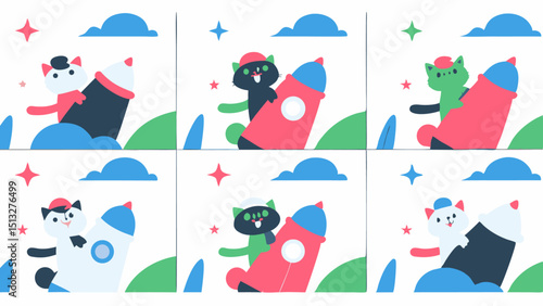 set of funny cartoon cats