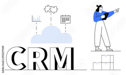 Woman holding a clipboard, pointing toward CRM integration represented by cloud, analytics, calendar, and puzzle icons for streamlined workflow. Ideal for CRM, teamwork, cloud solutions, automation