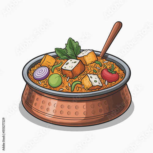 Vegetable Paneer Biryani in Traditional Copper Bowl