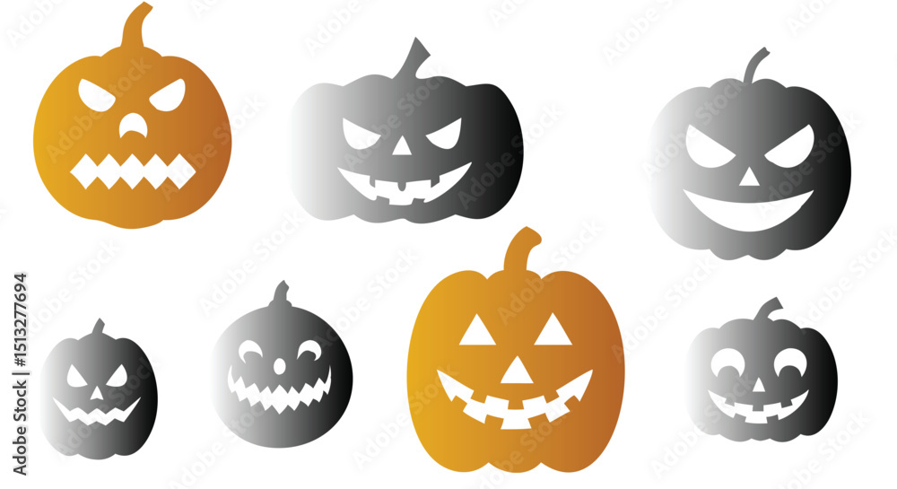 halloween pumpkin jack o lantern face set golden and black and white isloated on white background halloween pumpkin jack o lantern face set golden and black and white isloated on white background