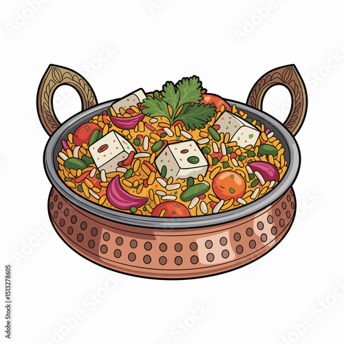 Vegetable Paneer Biryani in Traditional Copper Bowl