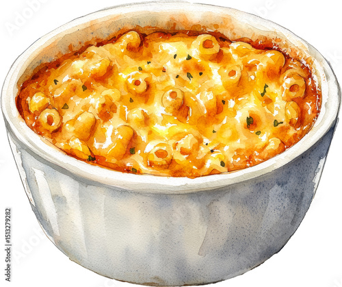 mac and cheese in white bowl watercolor art drawing painting 